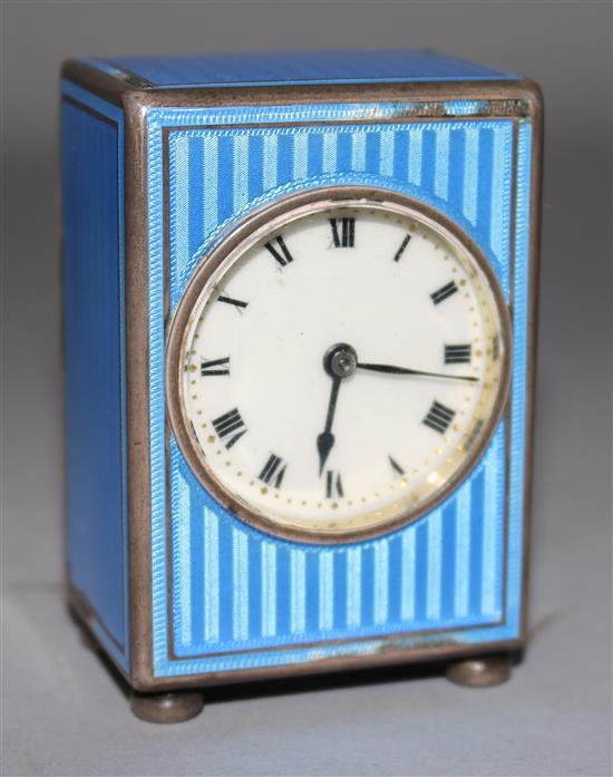 A George V silver and blue guilloche enamel carriage timepiece, 2.5in.